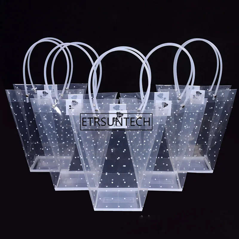 

T Shaped Plastic Gift Bags With Handles Flower Contatiner Bag Dot Print Florist Material Handbag Supplies 100pcs