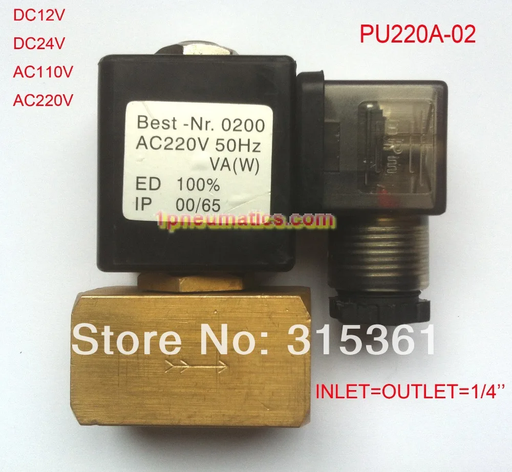 Free Shipping 1/4'' Direct Drive Solenoid Valve PU220A-02 SHAKO type 2/2 Way Brass Valve DC12V,DC24V,AC110V or AC220V