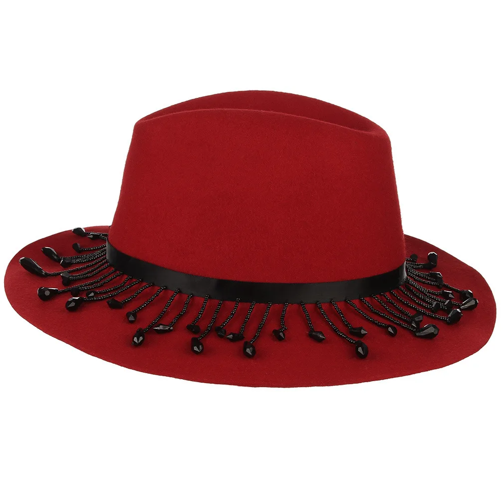 Ladies Wool Fedoras Hat Women European American Tassel Drop Chain Decorated Cap Female Jazz Fashion Casual Banquet Hats H7190