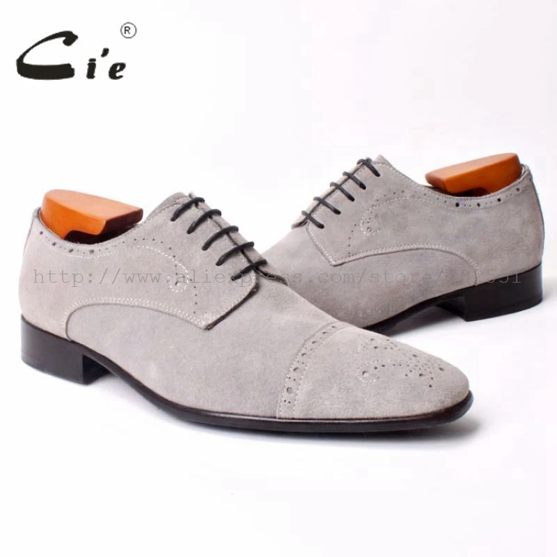 cie Semi-Brogues Bespoke Handmade Men's SquareToe  Derby  Calf Leather Outsole Breathable Shoe Color Light Grey Suede No.D95