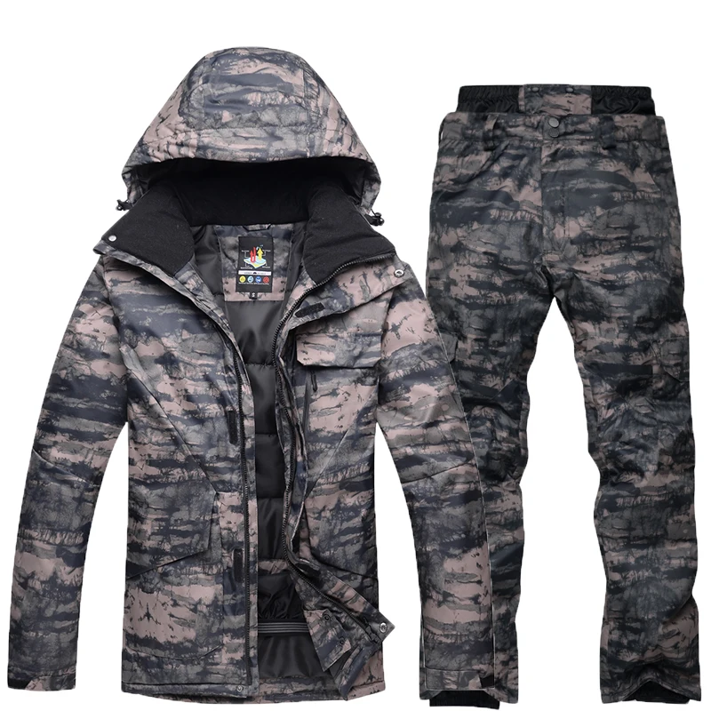 Ropa de nieve de camuflaje para hombres, conjuntos de traje de esquí, traje de snowboard, 10K impermeable, ropa de hielo cálida, chaquetas y