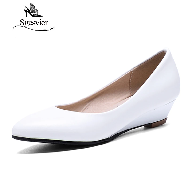 SGESVIER Women Pumps Pointed Head Low Heels Wedge Shoes Woman Shallow Slip On Shoes White Black Pumps 32-48 Lady Shoes OX094