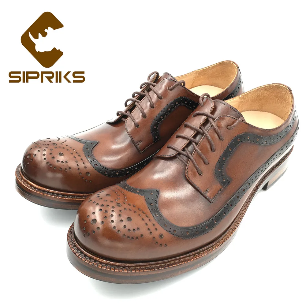 Sipriks Luxury Brand Mens Thick Leather Sole Designer Brogue Shoes Vintage Carved Wing Tip Dress Shoe Italian Handmade Boots 45