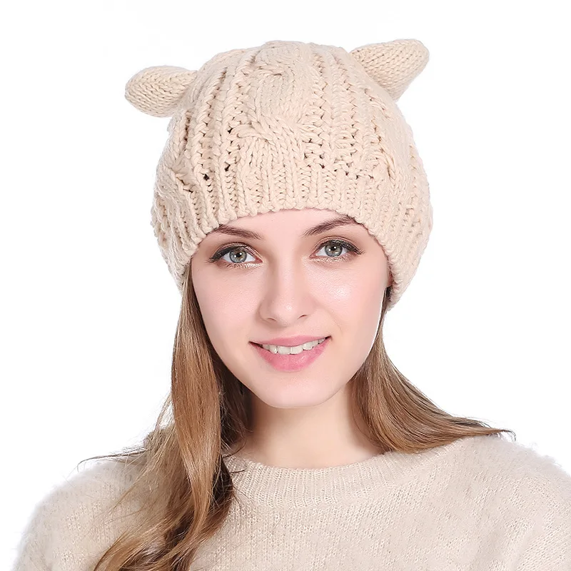 Knitted Gorros Winter Warm Cartoon Cat Ears Hats for Knit Beanie Hat Braided Cap for Girls Wool Hat Female Skullies Stocking Hat