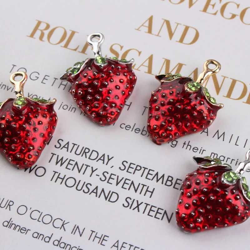 10pcs/Bag Rhinestone Strawberry Charms Bracelets Making Drop Oil Metal Enamel Pendant Earring Hair Jewelry Accessories YZ077