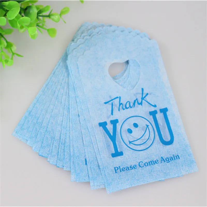 Hot Sale New Style Wholesale 50pcs/lot 9*15cm Blue Thank You Small Gift Pouches With Smile Face Mini Plastic Gift Bags