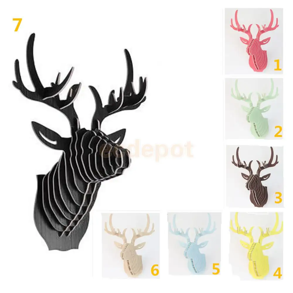 DIY 3D Wooden Animal Deer Head Art Model Home Office Wall Hanging Decoration