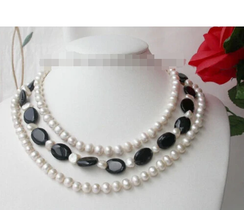 

FREE shipping Elegant 3strands 8-9mm FW pearl Black agate Necklace