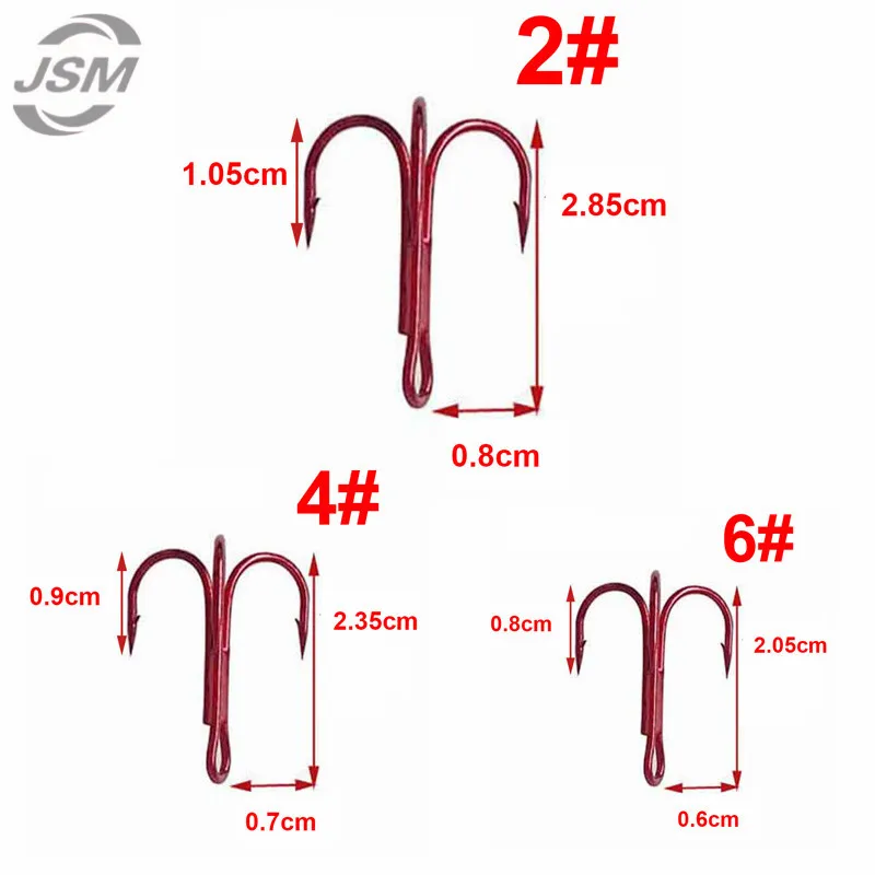 JSM 50pcs 35647 High Carbon Steel Treble Fishing Hooks Red Hard Lure Round Bent Triple Artificial Lure Fishhooks Set With Box