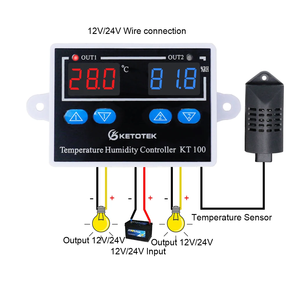 12V 24V 110V 220V KT100 Digitale Termostato Igrostato Diretta Regolatore di Umidità di Temperatura di Uscita Interruttore A Doppio Led display