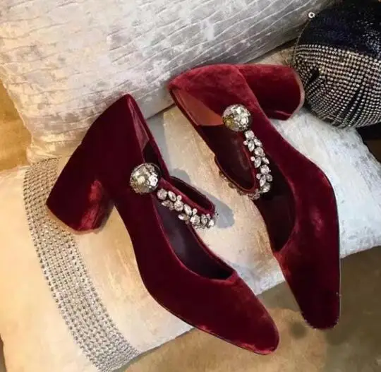 

New fashion Mary Janes Vintage Velvet high heel shoes Square Toe crystal embellished woman thick heels shoes ankle strap pumps