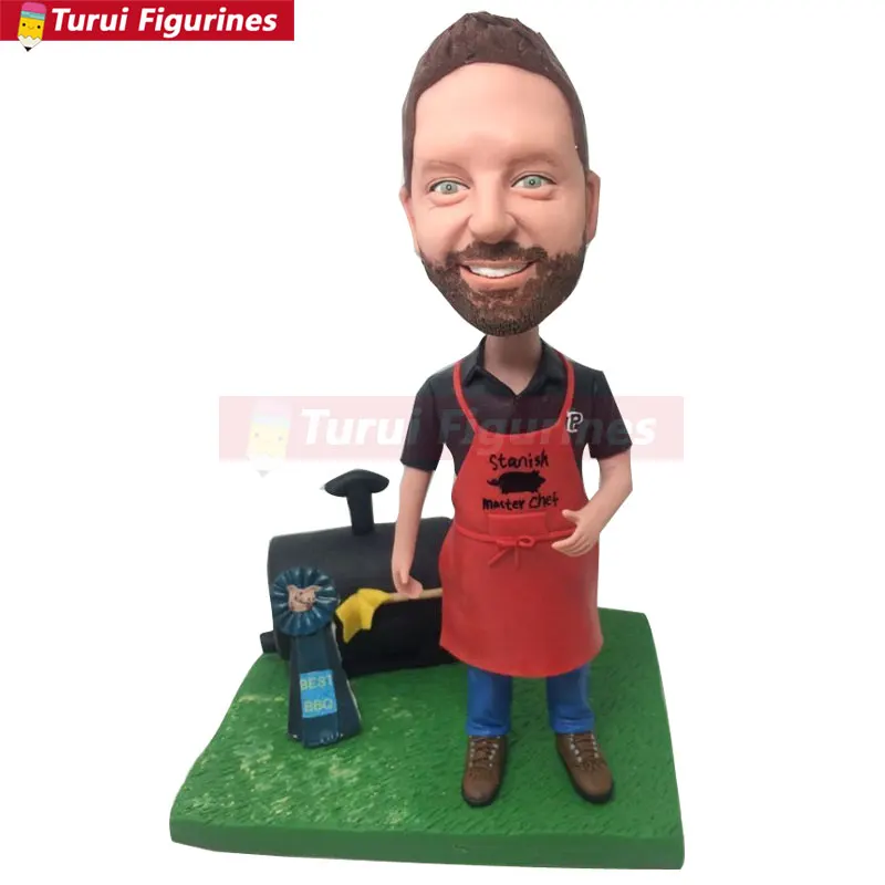 Chef BBQ Smoker Personalized Gift Bobble Head Clay Figurine Based on Customers' Photos Using As Birthday Cake Topper Husband Boy