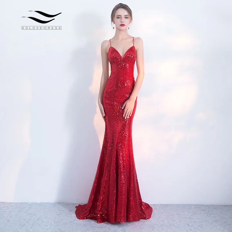 

Solovedress Formal V Neck Evening Dress Real Photos Women 2018 Spagetti Strap Elegant Mermaid Dress with Sash SL-S001