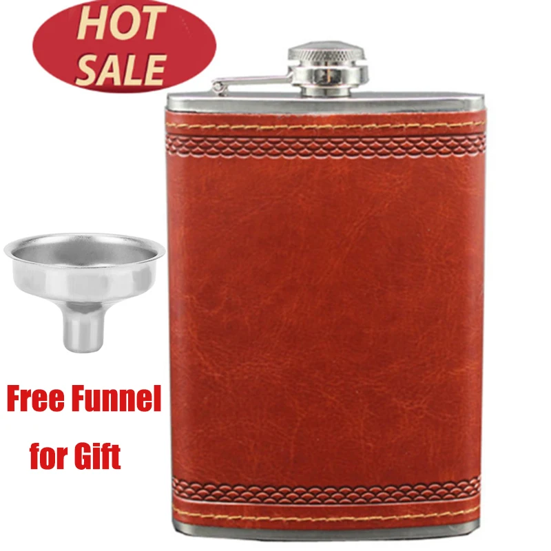 

9 oz Stainless Steel Leather Hip Flask with funnel Russia Personalized Wine Whisky liquor men gift set pocket flasks for alcohol