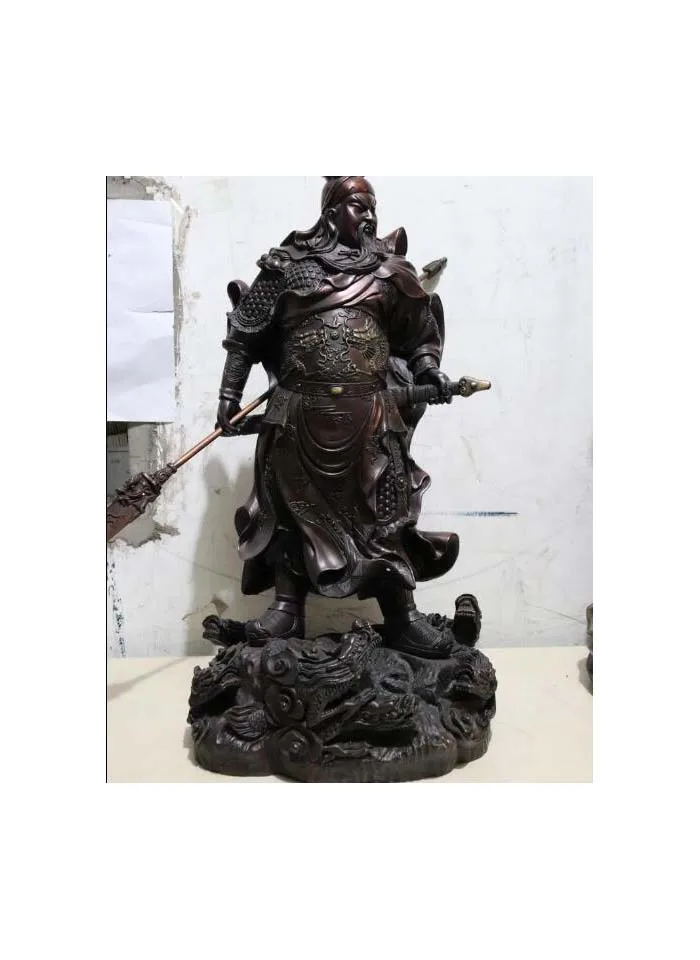 China Pure Copper Bronze Stand Dragon Guangong Warrior God Statue