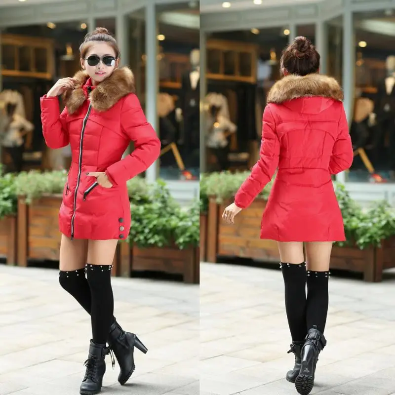 New Arrival Women Winter Fashion Slim Long Sleeve Hooded Medium Length Solid Color Thicken Warm Cotton Coat