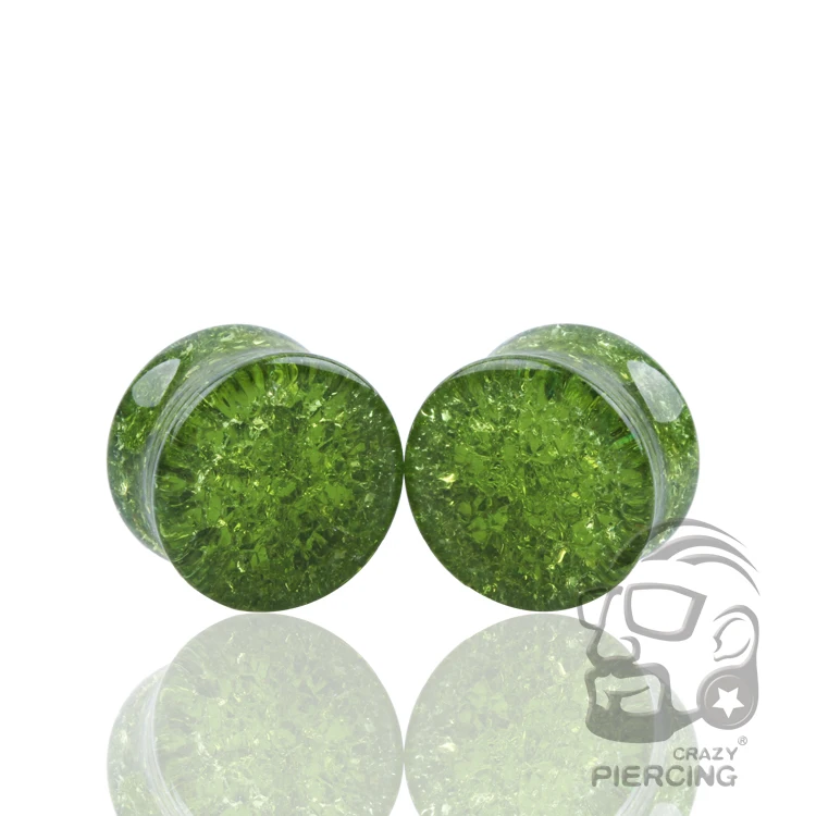 1 Pair Dark Green Shattered Quartz Double Flared Glass Ear Plug Gauge Tunnel Body Piercing Jewelry