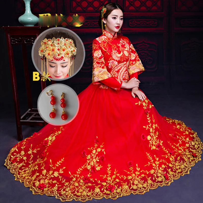 

Red traditional China Chinese wedding Chinese Folk Dance dress dragon phoenix mandarin jacket toasting dresses qipao cheongsam