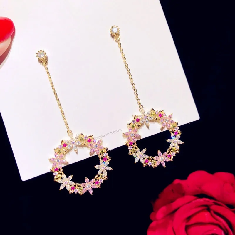 S925 Drop Earrings For Women Needles Pink Wreath Long Tassels Earrings Temperament Sweet Cubic Zirconia Fine Jewelry