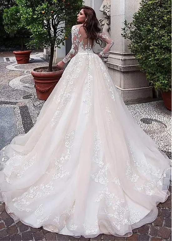 Robe de mariée sur mesure à manches longues, coupe trapèze, col rond, boutons, Vintage, mode 2019