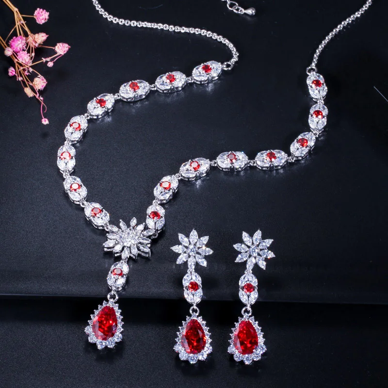 Pera Luxury Bridal Big Water Long Cubic Zirconia Green Drop Necklace and Earring Sets for Women Wedding Jewelry Accessories J092