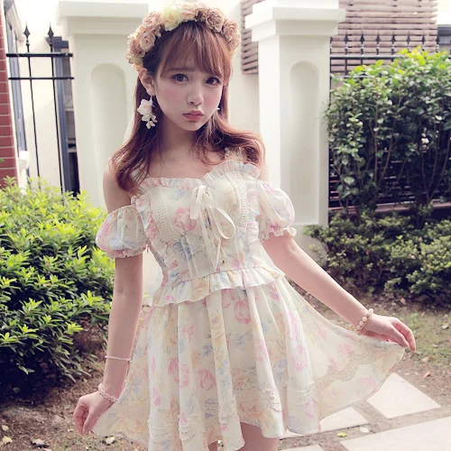 

Princess sweet lolita dress BoBON21 Original design Dew shoulder off puff sleeve cross ribbon flowers printing dress D1232