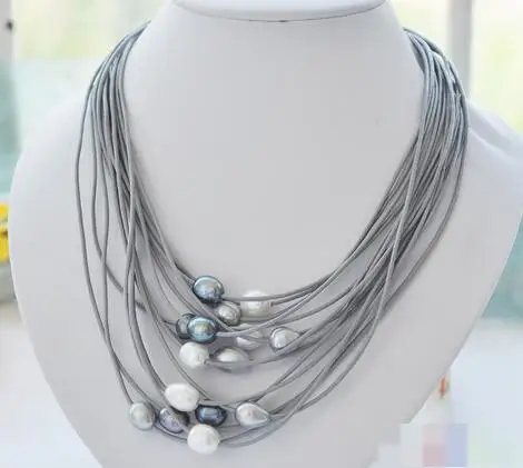 

gem nanJ 15row white black rice pearl gray leather necklace