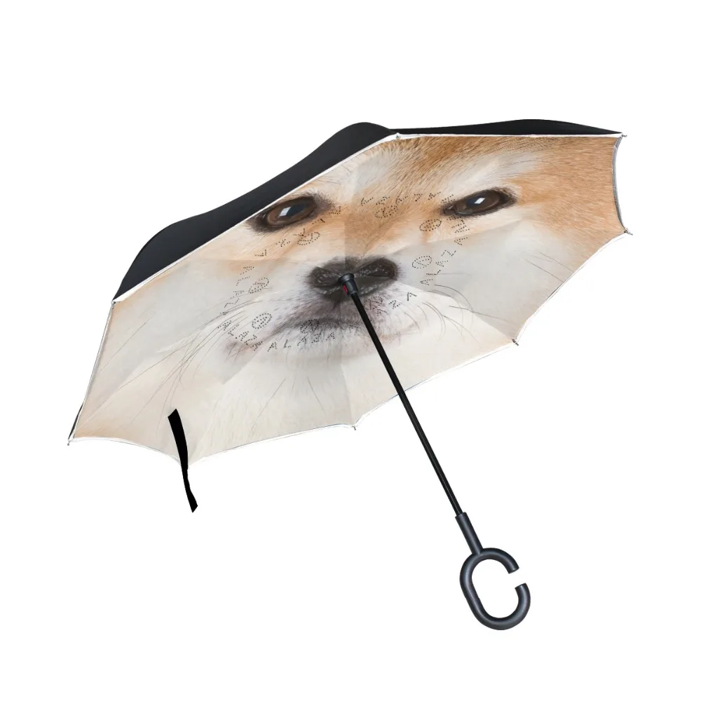 

Cute Shiba Inu Reverse Umbrella Double Layer Printing Inverted Windproof C-Hook Hands Rain Car Large Umbrellas for Cars