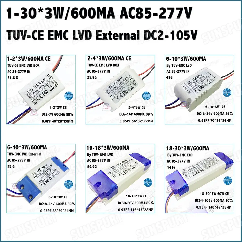 

2-20Pieces TUV-CE EMC LVD PFC>0.9 External 3-60W AC85-277V LED Driver 1-30Cx3W 600mA DC2-105V Constant Current Free Shipping