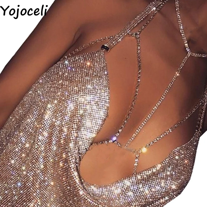 

Yojoceli Summer beach halter club rhinestones body chain bra harness Sexy backless women bra top Shiny diamond bra accessories