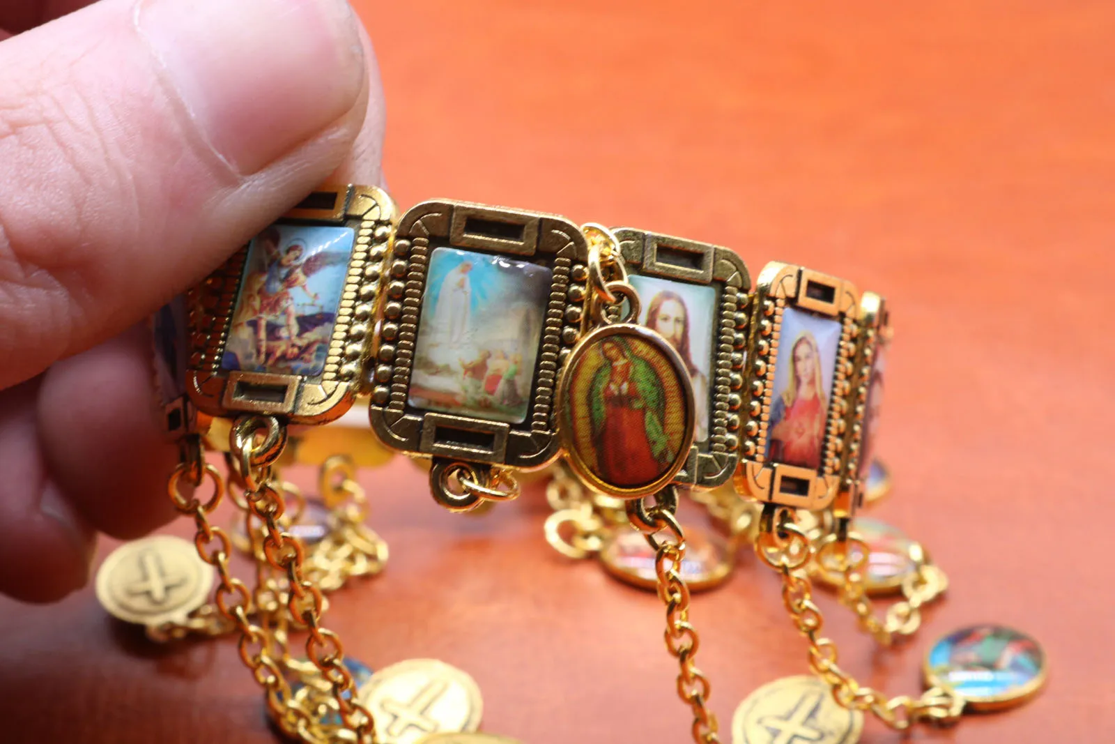 Exquisite metal stretch multi-drop rosary bracelet, Catholic Saints bracelet, holy god religious mercy icon bracelet.