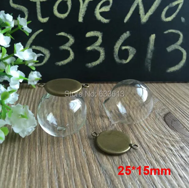 100sets/lot 25*15mm Glass Globe two loop 16mm silver base Pendant Locket Charm wide opening glass Bottle, glass vials pendeants