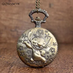 Vintage Bronze Pocket Watches Stitch and Flower Pattern Design Cute Boys Girls Quartz Pocket Watch with Necklace Chain Pendants