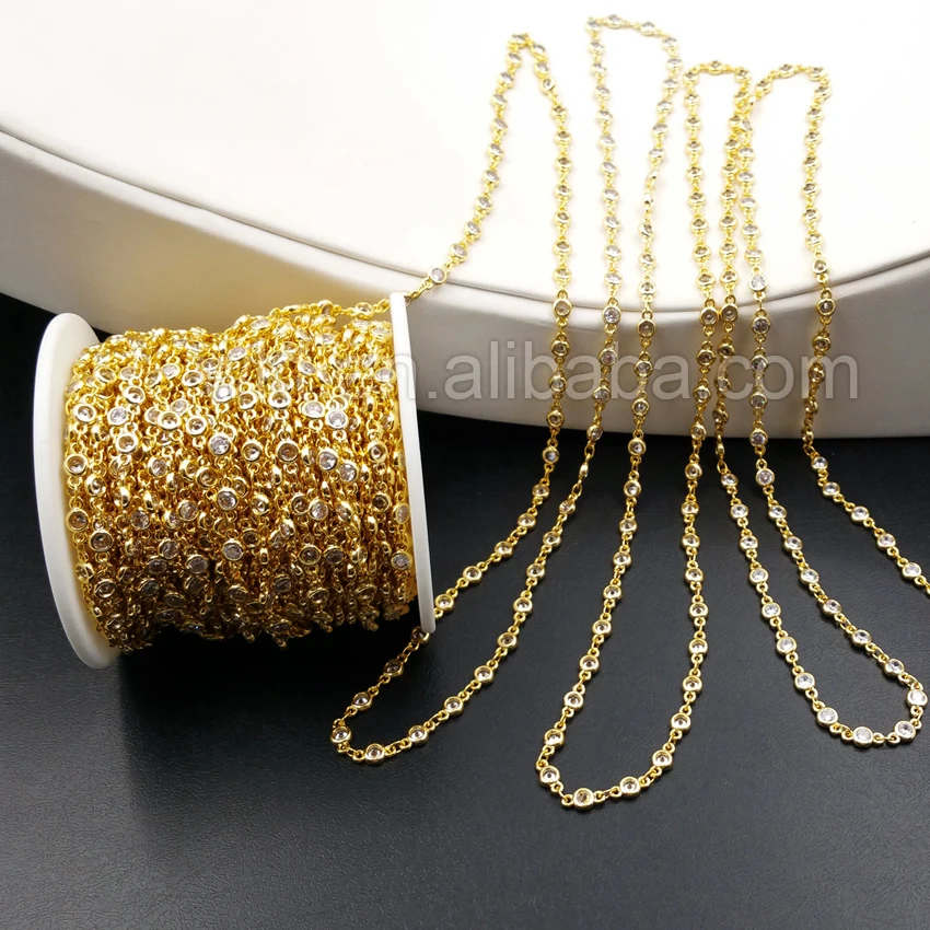 WT-BC081 5m/lot Charm Crystal Beads Chain 24k Gold Strim Brass Chain high quality Gold Chain for Necklace DIY Making Material