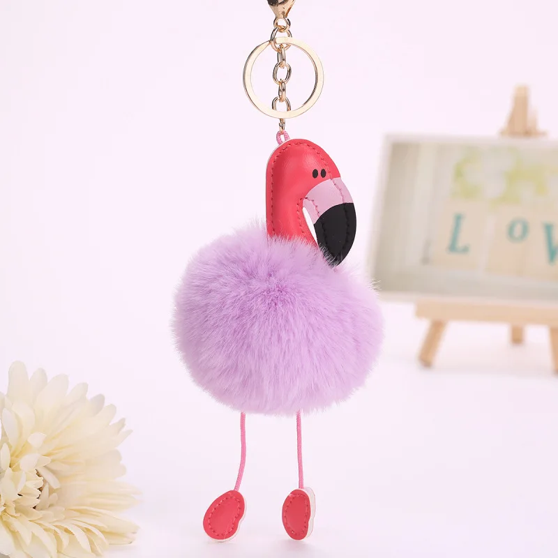 Original Pink Fluffy Pompom Flamingo Keychain Women Faux Rabbit Fur Ball Pompon Key Chain Car Bag  Pom Pom Key Rey Ring Holder