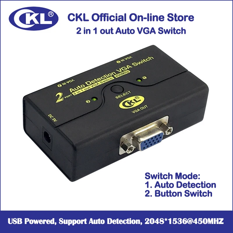 CKL ABS Auto Switch VGA 2 in 1 out, 1 Monitor 2 Computer Switcher Supporto Auto Detection 2048*1536 450 MHz USB Powered CKL-21A