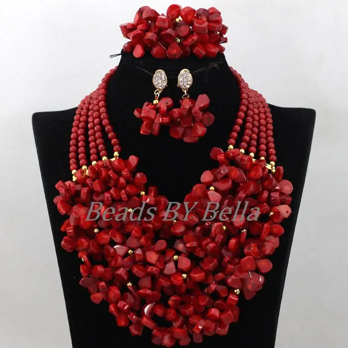 Chunky Full Nigerian Wedding Beads Jewelry Set 5 Layers Red African Beads Jewelry Coral Beads Necklace Sets Free Shipping ABK608