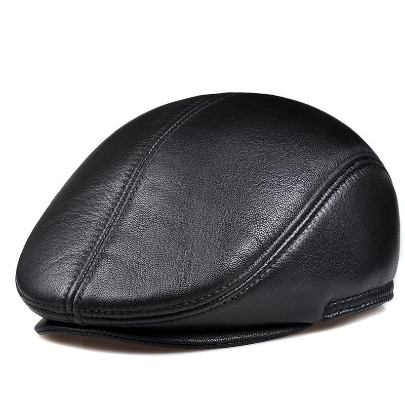 2024 cowhide genuine leather men berets cap hat  high quality fashion men's real leather adult striped adjustable hats