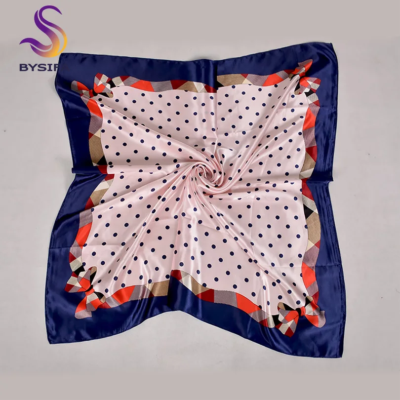 [BYSIFA] Women Scarf New Black Beige Silk Square Scarf Shawl Ladies Dot Prin Winter Scarves Bandana Spring Fall Head Scarfs Blue