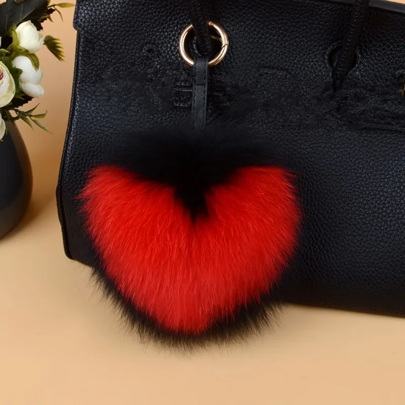 Luxury Fox Fur letter PomPom Heart Fluffy Keychain Keyring For Handbag Charm Handmade Porte Clef Gift Decoration