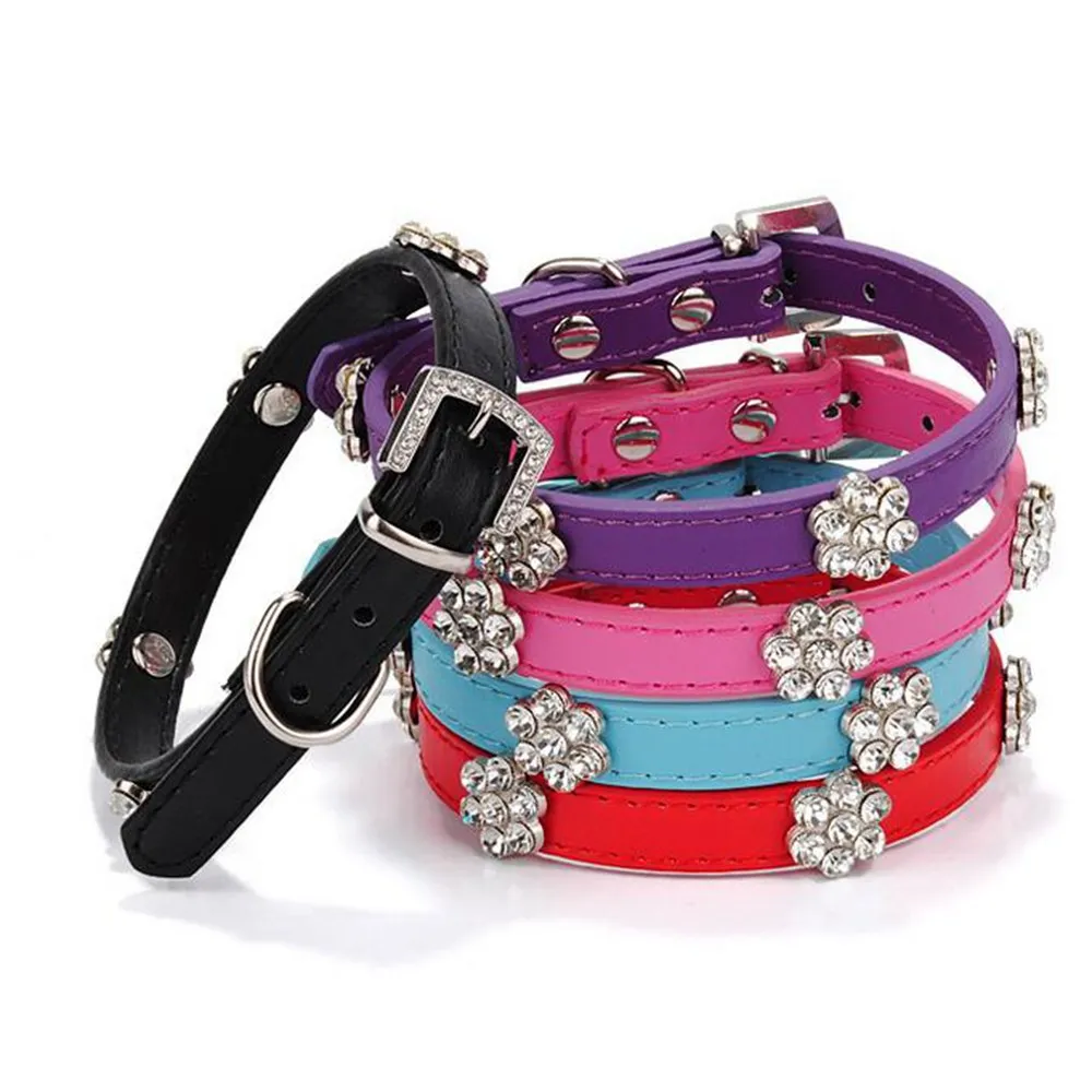 Bling Rhinestone Flower Studded Cat Dog Collars PU Leather for Puppy Dogs