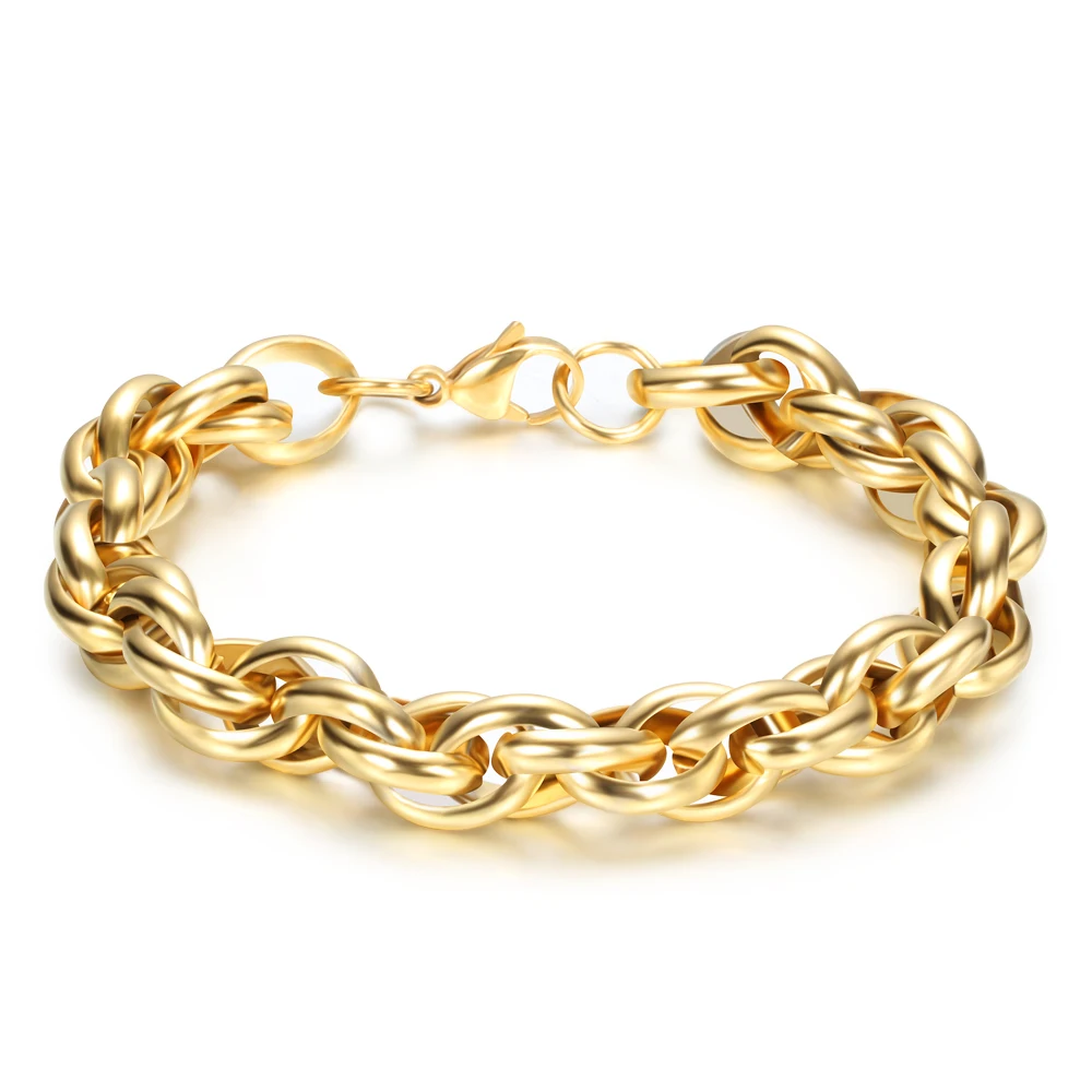 Gold Color Stainless Steel Bracelet Cool Rock Style New 22cm 9MM Thick Chain Link Bracelet Men Jewelry Wholesale