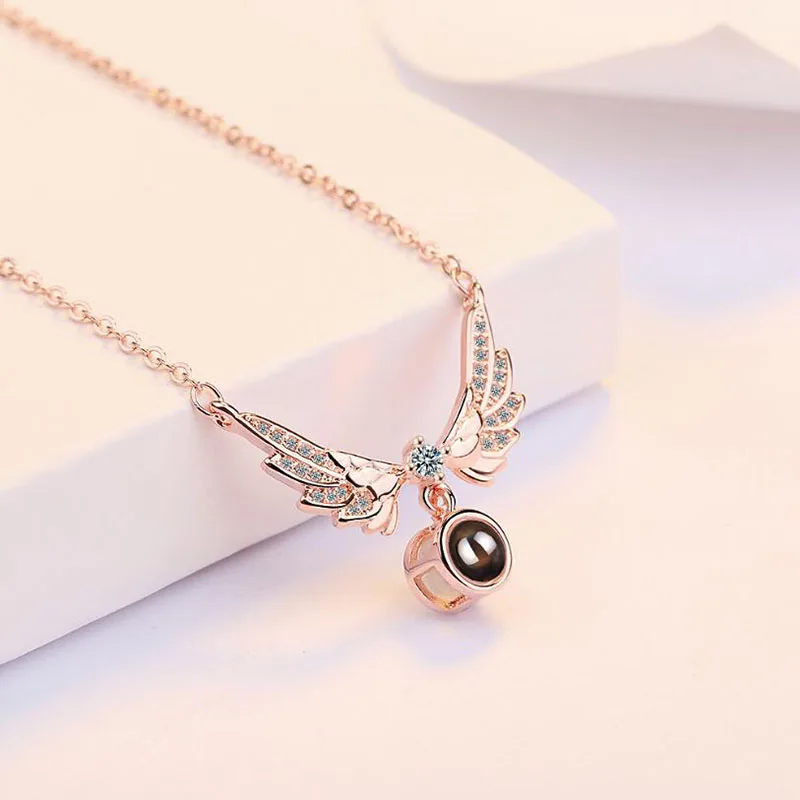 2019 Hot 925 Sterling Silver Necklace For Women Crystal 100 languages I love you Projection Wing Necklace Girl Fashion Jewelry