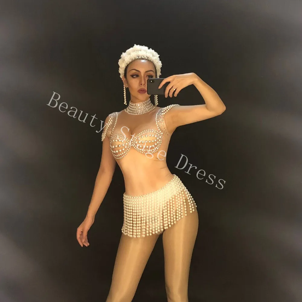 New Women Sexy Singer Bodysuit Sleeveless Sparkling Crystals Pearls Jumpsuit Nightclub Party Stage Wear Bling Dance Costumes DJ