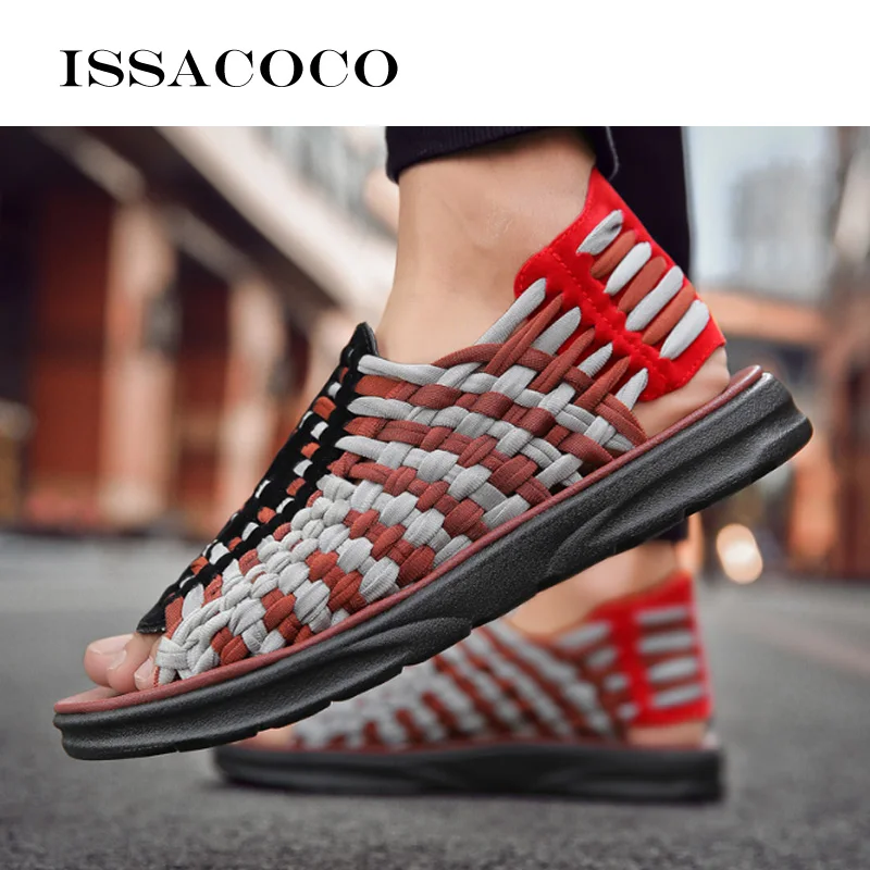 ISSACOCO Men\'s Summer Slippers Men Artificial Weaving Flat Shoes Outdoor Casual Shoes High Quality Non-slip Sandals Adult Beach