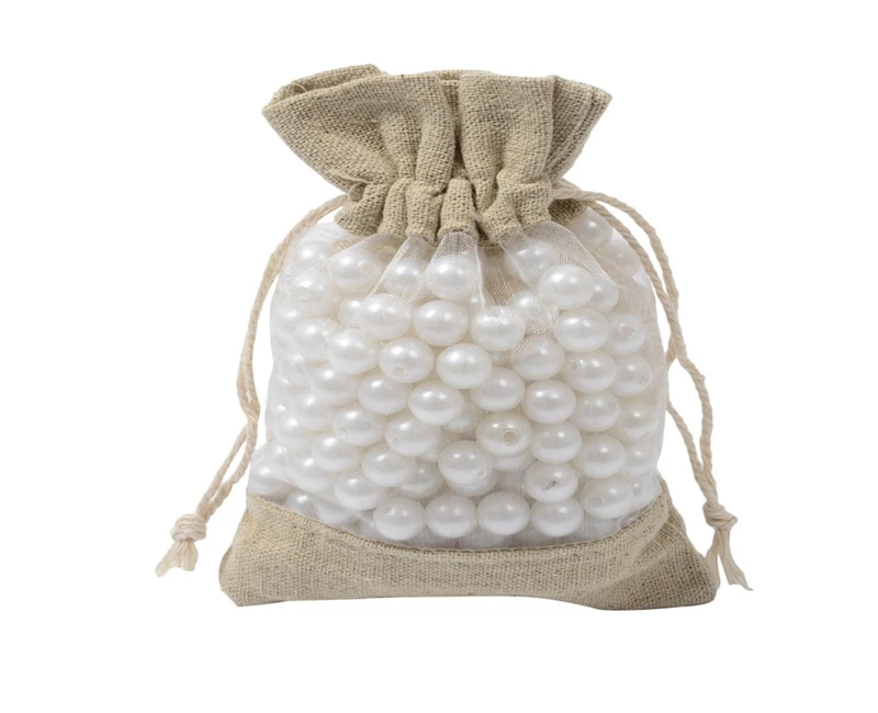 200pcs/lot FAST 10*15cm Cotton Burlap Bag With 2 sides Clear PVC Window Jewellery beads Drawstring Pouch Wedding gift bags F04