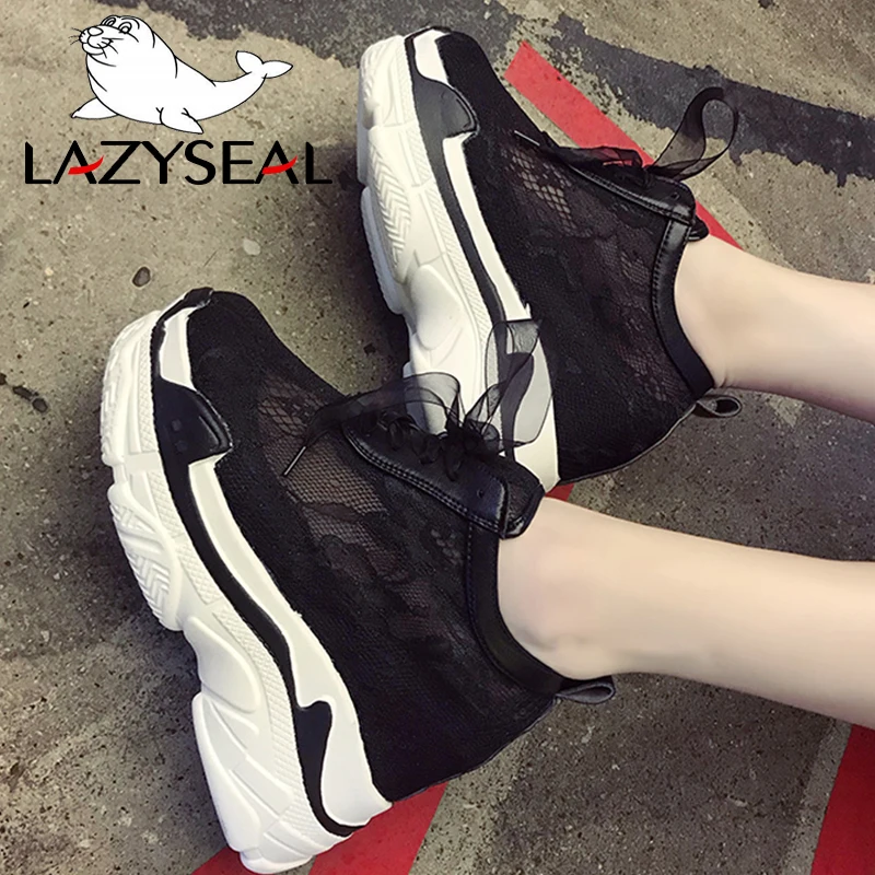 LazySeal Height Increasing Lace Platform Ankle Boots Shoes Women Lace-Up Walking Shoes White Breathable Air Mesh Woman Sneakers