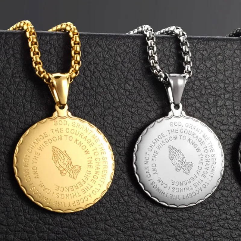 Hip Hop Men\'s Cross Bible Praying Hands Necklace For Men Gold Color Stainless Steel Chain Round Pendant Religious Jewelry Gift