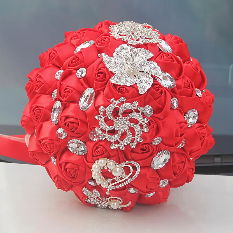 JaneVini Rose Red Luxury Crystal Wedding Bouquet Satin Flower Pearls Rhinestone Royal Blue Bridal Bouquets Bride Ramo Flores