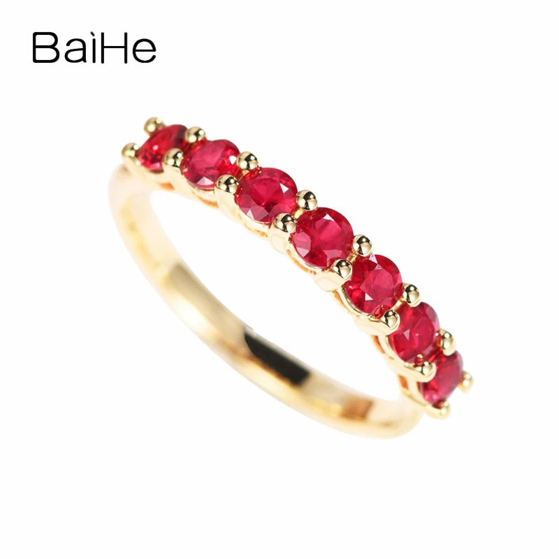 

BAIHE Solid 14K Yellow Gold 0.70ct-0.75ct Round cut Natural Rubys Party Women Fine Jewelry Ruby Wedding Band Beautiful Ruby Ring